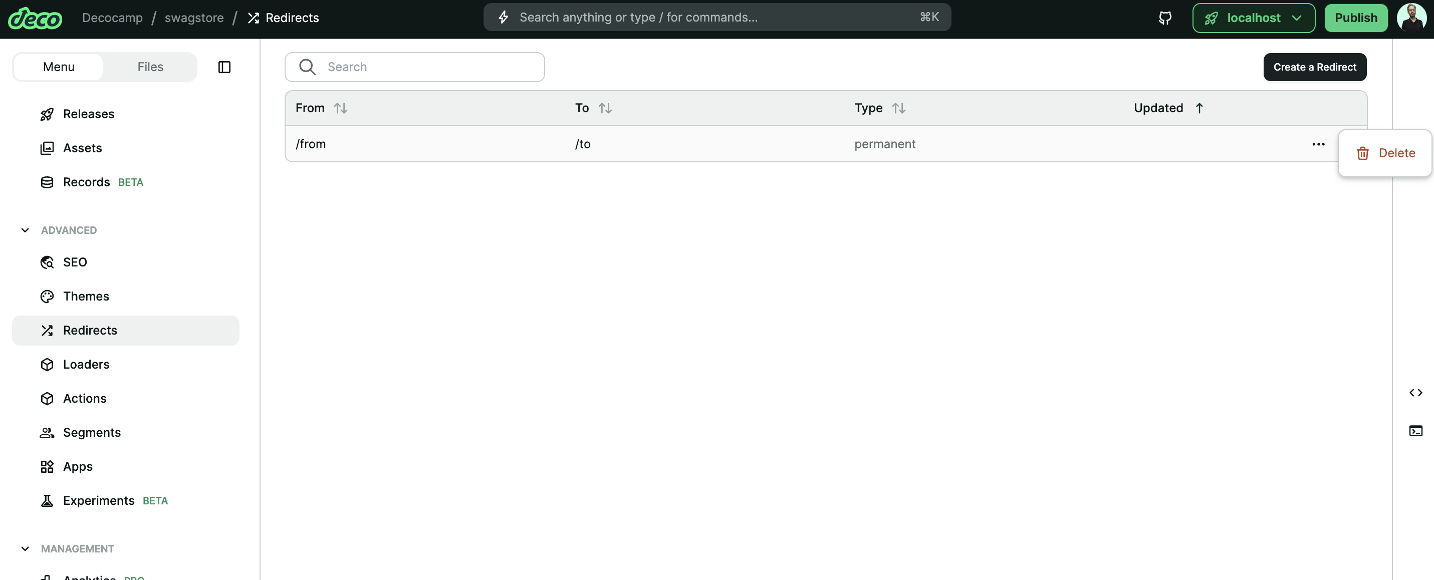 Redirects view