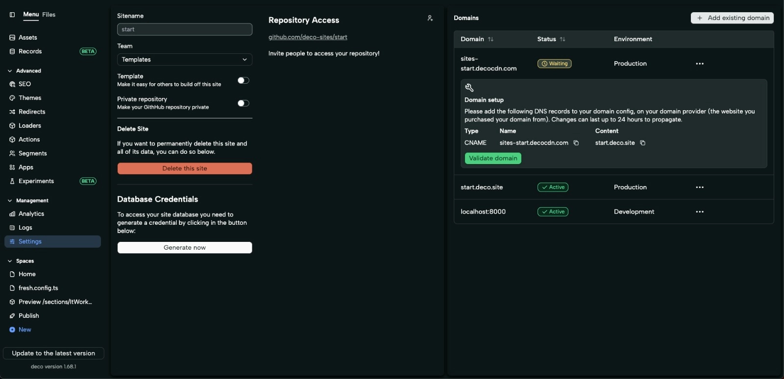 View of the generate credentials button
